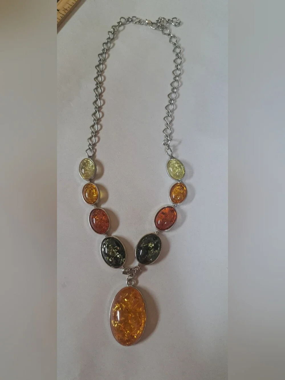 Gorgeous Chunky Golden Honey Amber Dangle Silver Necklace Statement